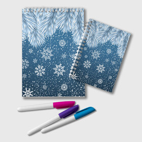 Блокнот с принтом Снежное Настроенние , 100% бумага | 48 листов, плотность листов — 60 г/м2, плотность картонной обложки — 250 г/м2. Листы скреплены удобной пружинной спиралью. Цвет линий — светло-серый
 | Тематика изображения на принте: елочные иголки | новый год | рисунок | снег | снежинки