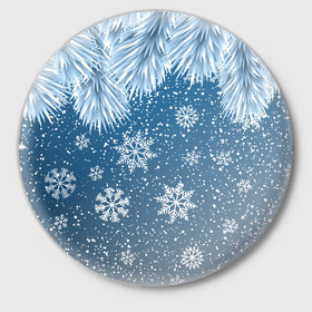 Значок с принтом Снежное Настроенние ,  металл | круглая форма, металлическая застежка в виде булавки | елочные иголки | новый год | рисунок | снег | снежинки