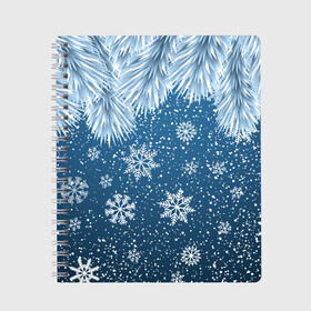 Тетрадь с принтом Снежное Настроенние , 100% бумага | 48 листов, плотность листов — 60 г/м2, плотность картонной обложки — 250 г/м2. Листы скреплены сбоку удобной пружинной спиралью. Уголки страниц и обложки скругленные. Цвет линий — светло-серый
 | Тематика изображения на принте: елочные иголки | новый год | рисунок | снег | снежинки