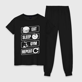Женская пижама хлопок с принтом Eat Sleep Gym Repeat , 100% хлопок | брюки и футболка прямого кроя, без карманов, на брюках мягкая резинка на поясе и по низу штанин | eat sleep | gym repeat | бодибилдинг | качалка | мотивация | спорт | фитнес