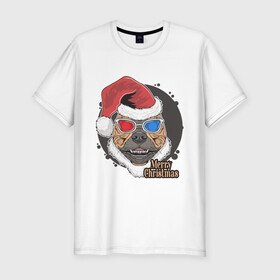 Мужская футболка хлопок Slim с принтом Christmas Dog , 92% хлопок, 8% лайкра | приталенный силуэт, круглый вырез ворота, длина до линии бедра, короткий рукав | art | christmas | dog | new year | santa hat | арт | новый год | очки | пес | рождество | собака | шапка санты