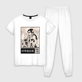Женская пижама хлопок с принтом Самурай фотограф , 100% хлопок | брюки и футболка прямого кроя, без карманов, на брюках мягкая резинка на поясе и по низу штанин | art | cyberpunk samurai | foto | ninja | oni | ronin | samurai | shogun | арт | киберпанк самурай | мерч | мужик | мужчина | прикол | путь воина | путь война | ронин | сёгун | сепукку | токио | фото | фотоаппарат | харакири