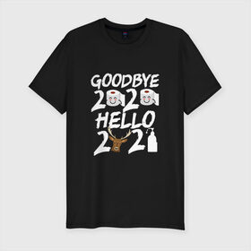 Мужская футболка хлопок Slim с принтом Goodbye 2020 hello 2021. , 92% хлопок, 8% лайкра | приталенный силуэт, круглый вырез ворота, длина до линии бедра, короткий рукав | Тематика изображения на принте: 2021 | christmas | merry christmas | snow | winter | winter is coming | зима близко | нг | новогодний | новогодний свитер | новый год | новый год 2021 | свитер | снег | снежинки