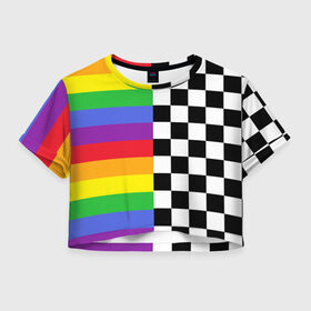 Женская футболка Crop-top 3D с принтом Rainbow , 100% полиэстер | круглая горловина, длина футболки до линии талии, рукава с отворотами | музыкант | паттерн | полосы | радуга | реп | рэп | текаши | шахматы | шашки
