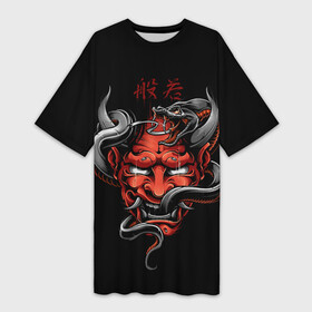 Платье-футболка 3D с принтом Хання ,  |  | 2077 | art | blood | cyber | cyberpunk | dead | death | demon | japan | mask | ninja | oni | samurai | shadow | shogun | tokyo | warior | арт | воин | война | демон | катана | кибер | киберпанк | кровь | маска | мертвый | ниндзя | путь | самурай