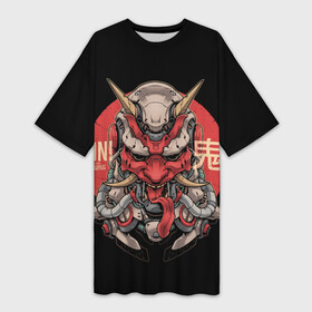 Платье-футболка 3D с принтом Cyber Oni Samurai ,  |  | 2077 | art | blood | cyber | cyberpunk | dead | death | demon | japan | mask | ninja | oni | samurai | shadow | shogun | tokyo | warior | арт | воин | война | демон | катана | кибер | киберпанк | кровь | маска | мертвый | ниндзя | путь | самурай