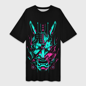 Платье-футболка 3D с принтом Cyber Samurai ,  |  | 2077 | art | blood | cyber | cyberpunk | dead | death | demon | japan | mask | ninja | oni | samurai | shadow | shogun | tokyo | warior | арт | воин | война | демон | катана | кибер | киберпанк | кровь | маска | мертвый | ниндзя | путь | самурай