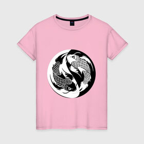 Женская футболка хлопок с принтом рыбы инь и янь , 100% хлопок | прямой крой, круглый вырез горловины, длина до линии бедер, слегка спущенное плечо | 