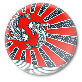 Значок с принтом Карпы Кои ,  металл | круглая форма, металлическая застежка в виде булавки | Тематика изображения на принте: бамбук | инь янь | карп | кои | рыба | узор | япония