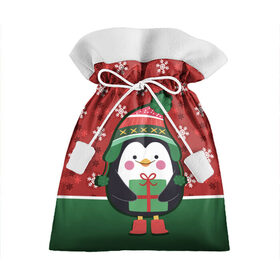 Подарочный 3D мешок с принтом Пингвин. Новый год , 100% полиэстер | Размер: 29*39 см | зима | новый год | паттерн | пингвин | подарок | праздник | снежинки