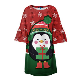 Детское платье 3D с принтом Пингвин. Новый год , 100% полиэстер | прямой силуэт, чуть расширенный к низу. Круглая горловина, на рукавах — воланы | зима | новый год | паттерн | пингвин | подарок | праздник | снежинки