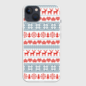 Чехол для iPhone 13 с принтом Новогодний пиксельный узор ,  |  | Тематика изображения на принте: christmas | deer | hearts | new year | pattern | pixels | snowflakes | trees | елки | новый год | олени | пиксели | рождество | сердечки | снежинки | узор