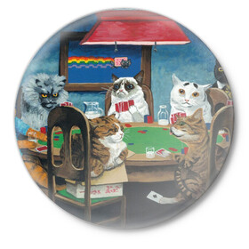 Значок с принтом Коты играют в покер ,  металл | круглая форма, металлическая застежка в виде булавки | a friend in need | art | artist | bets | cards | cats | chips | cookie | gambling | games | memes | nyan cat | picture | poker | rainbow | азартные игры | друг познается в беде | искусство | картина | карты | котики | коты | котэ | мемы | нян кэт | печень
