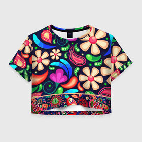 Женская футболка Crop-top 3D с принтом Цветочный Узор , 100% полиэстер | круглая горловина, длина футболки до линии талии, рукава с отворотами | животные | мозаика | природа | птицы | растения | текстура | узор | фольклор | хохлома | цветы