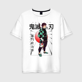 Женская футболка хлопок Oversize с принтом Танджиро Камадо , 100% хлопок | свободный крой, круглый ворот, спущенный рукав, длина до линии бедер
 | арт | воин | зелёный | иностранный | китайский | китайский текст | китайский язык | клинок рассекающий демонов | рисунок | солнце | танджиро камадо | япония | японский | японский текст