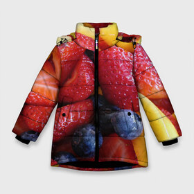 Зимняя куртка для девочек 3D с принтом Фругтово-ягодное изобилие , ткань верха — 100% полиэстер; подклад — 100% полиэстер, утеплитель — 100% полиэстер. | длина ниже бедра, удлиненная спинка, воротник стойка и отстегивающийся капюшон. Есть боковые карманы с листочкой на кнопках, утяжки по низу изделия и внутренний карман на молнии. 

Предусмотрены светоотражающий принт на спинке, радужный светоотражающий элемент на пуллере молнии и на резинке для утяжки. | еда | клубника | манго | фрукт | фрукты | черника | ягода | ягоды