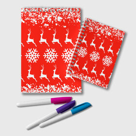 Блокнот с принтом New Year , 100% бумага | 48 листов, плотность листов — 60 г/м2, плотность картонной обложки — 250 г/м2. Листы скреплены удобной пружинной спиралью. Цвет линий — светло-серый
 | Тематика изображения на принте: christmas toys | deer | new year | red | snow | snowflakes | tree | елка | красный | новогодние игрушки | новый год | олени | свитер с оленями | снег | снежинки | футболка с оленями