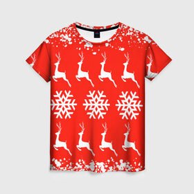 Женская футболка 3D с принтом New Year , 100% полиэфир ( синтетическое хлопкоподобное полотно) | прямой крой, круглый вырез горловины, длина до линии бедер | christmas toys | deer | new year | red | snow | snowflakes | tree | елка | красный | новогодние игрушки | новый год | олени | свитер с оленями | снег | снежинки | футболка с оленями
