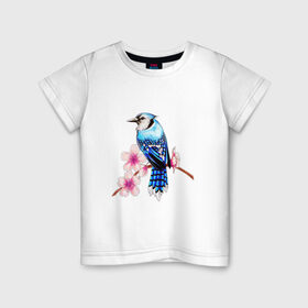 Детская футболка хлопок с принтом Сойка на ветке , 100% хлопок | круглый вырез горловины, полуприлегающий силуэт, длина до линии бедер | Тематика изображения на принте: арт | ветка дерева | веточка | веточка дерева | голубая сойка | рисунок | розовые цветы | розовый цветок | сакура | синяя птица ветка | синяя сойка | сойка | цветок | цветы