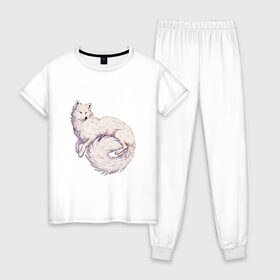 Женская пижама хлопок с принтом Белый волк , 100% хлопок | брюки и футболка прямого кроя, без карманов, на брюках мягкая резинка на поясе и по низу штанин | 