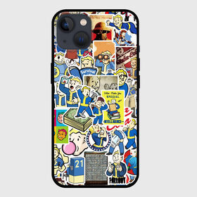 Чехол для iPhone 13 с принтом FALLOUT STICKER BOMBING ,  |  | Тематика изображения на принте: fallout sticker | атомный | волт бой | герой | игра | персонаж | радиация | стикер бомбинг | фаллаут | фоллаут | человечек