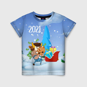 Детская футболка 3D с принтом Новый год 2021 , 100% гипоаллергенный полиэфир | прямой крой, круглый вырез горловины, длина до линии бедер, чуть спущенное плечо, ткань немного тянется | 2021 | 7 января | bull | newyear | santa | бык | быки | бычок | год быка | дед мороз | корова | новогодние каникулы | новогодние праздники | новый 2021 | новый год | новый год 2021 | рождество | сани | санта | санта клаус