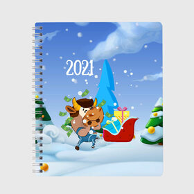 Тетрадь с принтом Новый год 2021 , 100% бумага | 48 листов, плотность листов — 60 г/м2, плотность картонной обложки — 250 г/м2. Листы скреплены сбоку удобной пружинной спиралью. Уголки страниц и обложки скругленные. Цвет линий — светло-серый
 | 2021 | 7 января | bull | newyear | santa | бык | быки | бычок | год быка | дед мороз | корова | новогодние каникулы | новогодние праздники | новый 2021 | новый год | новый год 2021 | рождество | сани | санта | санта клаус