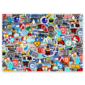 Поздравительная открытка с принтом Programming stickers , 100% бумага | плотность бумаги 280 г/м2, матовая, на обратной стороне линовка и место для марки
 | Тематика изображения на принте: css | it | linux | programming | wi fi | код | компьютер | линукс | программирование | профессия | стикер бомбинг