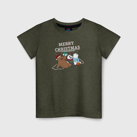 Детская футболка хлопок с принтом Merry christmas , 100% хлопок | круглый вырез горловины, полуприлегающий силуэт, длина до линии бедер | Тематика изображения на принте: cartoon network | grizz | icebear | panda | vdkimel | we bare bears | белый | вся правда о медведях | гризли | панда