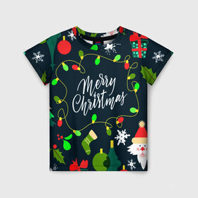 Детская футболка 3D с принтом Merry Christmas , 100% гипоаллергенный полиэфир | прямой крой, круглый вырез горловины, длина до линии бедер, чуть спущенное плечо, ткань немного тянется | 2020 | 2021 | new year | гирлянда | дед мороз | елка | зеленый | игрушка | клаус | конфеты | нг | новый год | носок | перчатка | подарок | рождество | с | санта | сладости | снег | снеговик | снежинка | шапка | шары