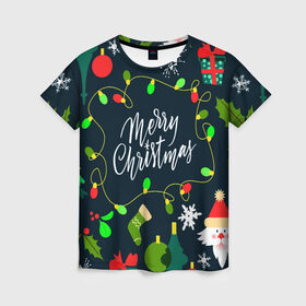 Женская футболка 3D с принтом Merry Christmas , 100% полиэфир ( синтетическое хлопкоподобное полотно) | прямой крой, круглый вырез горловины, длина до линии бедер | 2020 | 2021 | new year | гирлянда | дед мороз | елка | зеленый | игрушка | клаус | конфеты | нг | новый год | носок | перчатка | подарок | рождество | с | санта | сладости | снег | снеговик | снежинка | шапка | шары
