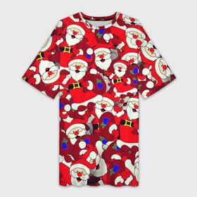 Платье-футболка 3D с принтом Санта Клаус | Дед Мороз| Паттерн | Новый Год ,  |  | 2021 | 2022 | new year | tiger | гирлянда | год тигра | дед мороз | елка | клаус | конфеты | нг | новый год | носок | подарок | рождество | с | санта | снег | снеговик | снежинка | шары