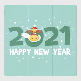 Магнитный плакат 3Х3 с принтом Happy New Year 2021 , Полимерный материал с магнитным слоем | 9 деталей размером 9*9 см | bull | christmas | holiday | new year | snow | symbol | winter | бык | бычок | зима | новый год | праздник | рождество | символ | снег