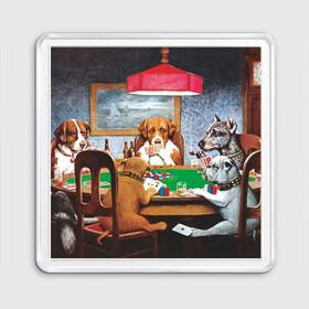 Магнит 55*55 с принтом Собаки играют в покер , Пластик | Размер: 65*65 мм; Размер печати: 55*55 мм | Тематика изображения на принте: a friend in need | art | artist | bets | buldog | cards | chips | dogs | gambling | games | memes | picture | poker | азартные игры | бульдог | друг познается в беде | искусство | картина | карты | мемы | покер | сенбернар | собаки | собачки | ставки