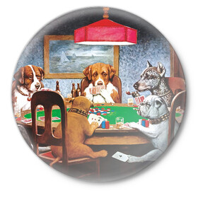 Значок с принтом Собаки играют в покер ,  металл | круглая форма, металлическая застежка в виде булавки | a friend in need | art | artist | bets | buldog | cards | chips | dogs | gambling | games | memes | picture | poker | азартные игры | бульдог | друг познается в беде | искусство | картина | карты | мемы | покер | сенбернар | собаки | собачки | ставки