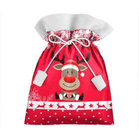 Подарочный 3D мешок с принтом Олень с подарком , 100% полиэстер | Размер: 29*39 см | 2021 | new year | деда мороза | к нам приходит | клауса | костюм | новогодний | новый год | праздник | рождество | рудольф | санты | снег | снежинки | снежок | узор
