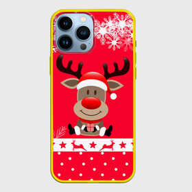 Чехол для iPhone 13 Pro Max с принтом Олень с подарком ,  |  | Тематика изображения на принте: 2021 | new year | деда мороза | к нам приходит | клауса | костюм | новогодний | новый год | праздник | рождество | рудольф | санты | снег | снежинки | снежок | узор
