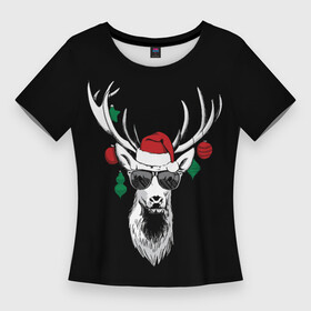 Женская футболка 3D Slim с принтом Рождественский Олень ,  |  | 2021 | 21 | 2k21 | 2к21 | chrystmas | deer | marry | new | santa | snow | xmas | year | год | годом | дед | елка | елки | клаус | лес | мороз | настроение | новогоднее | новогоднему | новый | новым | олень | по | рождество | с | санта | снег