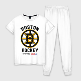 Женская пижама хлопок с принтом BOSTON BRUINS NHL , 100% хлопок | брюки и футболка прямого кроя, без карманов, на брюках мягкая резинка на поясе и по низу штанин | black | boston | bruins | hockey | ice | logo | nhl | sport | usa | бостон | брюинз | кубок | логотип | нхл | спорт | стэнли | хоккей