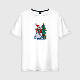 Женская футболка хлопок Oversize с принтом С новым годом! , 100% хлопок | свободный крой, круглый ворот, спущенный рукав, длина до линии бедер
 | claus | happy new year | merry christmas | santa | snowman | дед мороз | елка | клаус | новый год | рождество | с новым годом | санта | снеговик