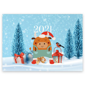Поздравительная открытка с принтом Новогодний бычок 2021 , 100% бумага | плотность бумаги 280 г/м2, матовая, на обратной стороне линовка и место для марки
 | 2021 | 7 января | bull | newyear | santa | бык | быки | бычок | год быка | дед мороз | корова | новогодние каникулы | новогодние праздники | новый 2021 | новый год | новый год 2021 | рождество | сани | санта | санта клаус