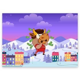 Поздравительная открытка с принтом Денежный бык , 100% бумага | плотность бумаги 280 г/м2, матовая, на обратной стороне линовка и место для марки
 | 2021 | 7 января | bull | newyear | santa | бык | быки | бычок | год быка | дед мороз | корова | новогодние каникулы | новогодние праздники | новый 2021 | новый год | новый год 2021 | рождество | сани | санта | санта клаус