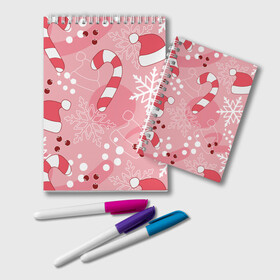Блокнот с принтом Новогодний узор на розовом , 100% бумага | 48 листов, плотность листов — 60 г/м2, плотность картонной обложки — 250 г/м2. Листы скреплены удобной пружинной спиралью. Цвет линий — светло-серый
 | Тематика изображения на принте: красный | новый год | розовый | санта | снежинка | узор | шапка
