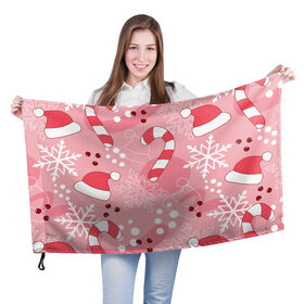 Флаг 3D с принтом Новогодний узор на розовом , 100% полиэстер | плотность ткани — 95 г/м2, размер — 67 х 109 см. Принт наносится с одной стороны | красный | новый год | розовый | санта | снежинка | узор | шапка