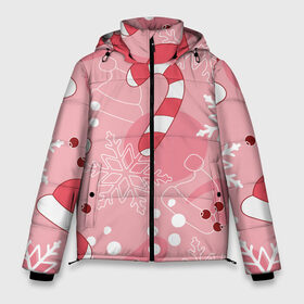 Мужская зимняя куртка 3D с принтом Новогодний узор на розовом , верх — 100% полиэстер; подкладка — 100% полиэстер; утеплитель — 100% полиэстер | длина ниже бедра, свободный силуэт Оверсайз. Есть воротник-стойка, отстегивающийся капюшон и ветрозащитная планка. 

Боковые карманы с листочкой на кнопках и внутренний карман на молнии. | красный | новый год | розовый | санта | снежинка | узор | шапка