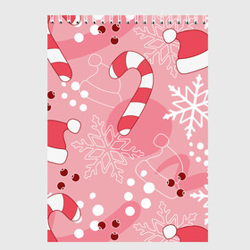 Скетчбук с принтом Новогодний узор на розовом , 100% бумага
 | 48 листов, плотность листов — 100 г/м2, плотность картонной обложки — 250 г/м2. Листы скреплены сверху удобной пружинной спиралью | Тематика изображения на принте: красный | новый год | розовый | санта | снежинка | узор | шапка