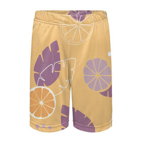 Детские спортивные шорты 3D с принтом Апельсиновый узор ,  100% полиэстер
 | пояс оформлен широкой мягкой резинкой, ткань тянется
 | апельсин | апельсиновый | еда | летний | оранжевый | паттерн | сок | узор | фиолетовый