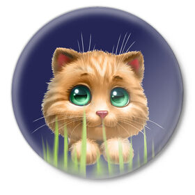 Значок с принтом зелёная трава ,  металл | круглая форма, металлическая застежка в виде булавки | глазки | животные | котёнок | рыжий
