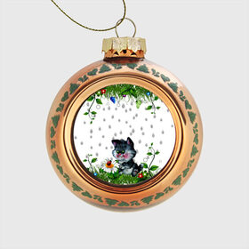 Стеклянный ёлочный шар с принтом котёнок , Стекло | Диаметр: 80 мм | Тематика изображения на принте: божья коровка | дождик | котёнок | цветы
