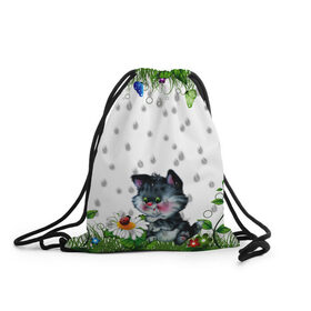Рюкзак-мешок 3D с принтом котёнок , 100% полиэстер | плотность ткани — 200 г/м2, размер — 35 х 45 см; лямки — толстые шнурки, застежка на шнуровке, без карманов и подкладки | божья коровка | дождик | котёнок | цветы
